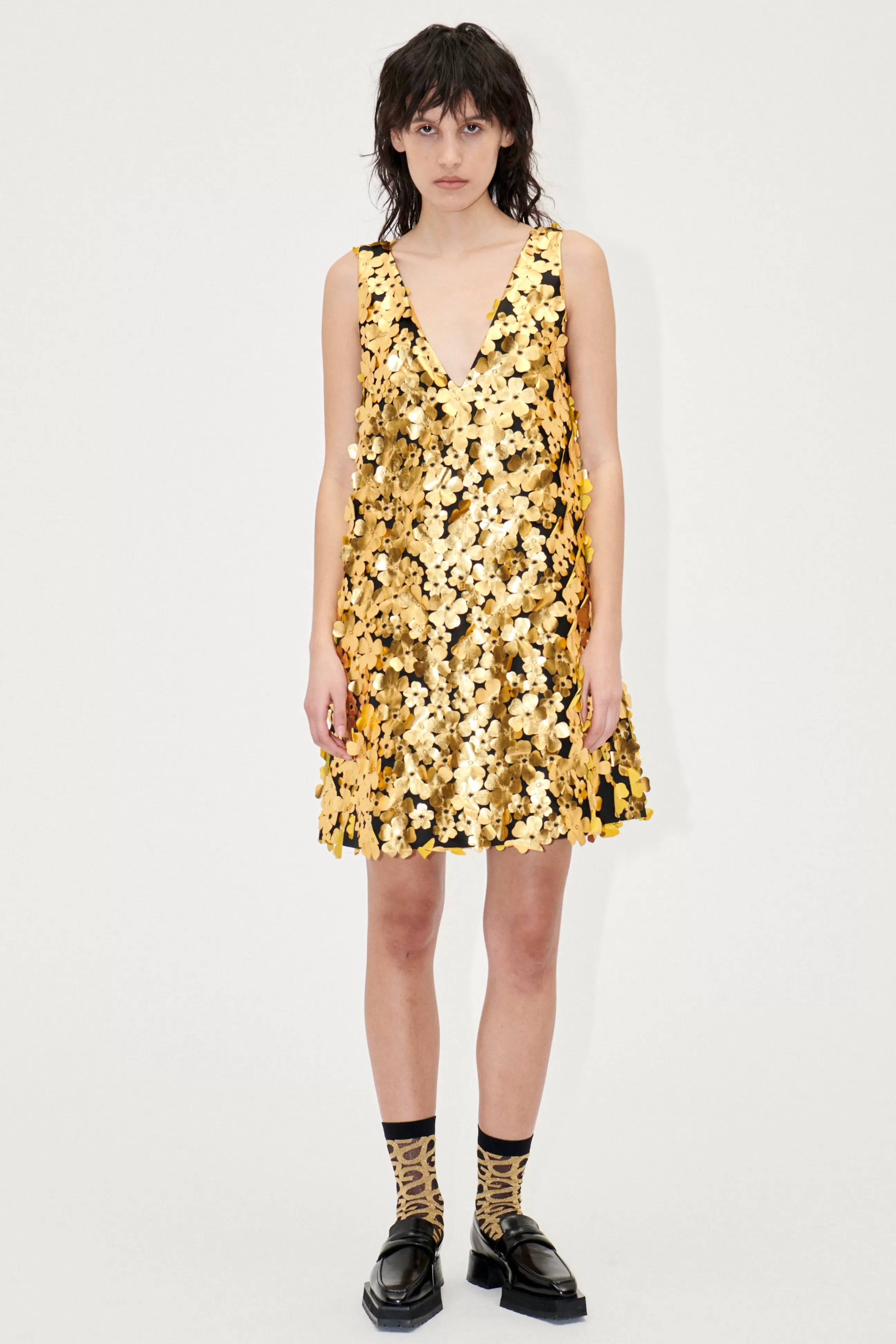 STINE GOYA Elena Dress - Golden Metallic 3D Flowers